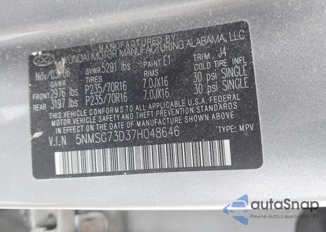 2007 Hyundai Santa Fe Gls from USA, damaged, VIN 5NMSG73D37H048646